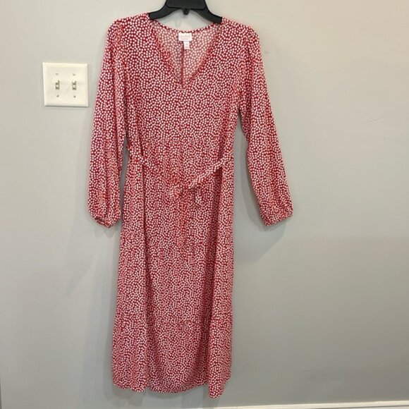 Isabel Maternity XS Red White Polka Dot V-Neck Midi Dress Long Sleeve Tie Waist - Picture 1 of 12